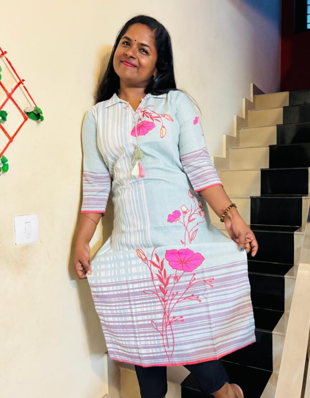 Mandarin Collar Cotton Fabric Straight Kurti